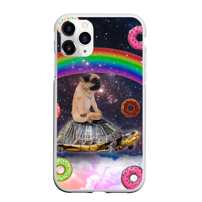 Чехол для iPhone 11 Pro матовый Мопс на черепахе в космосе фото