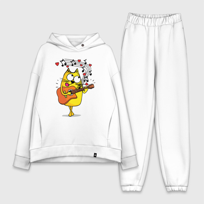 Женский костюм хлопок Oversize Кот поет серенаду фото