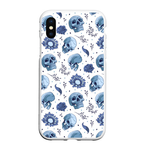 Чехол для iPhone XS Max матовый Узор Голубые черепа с цветами фото