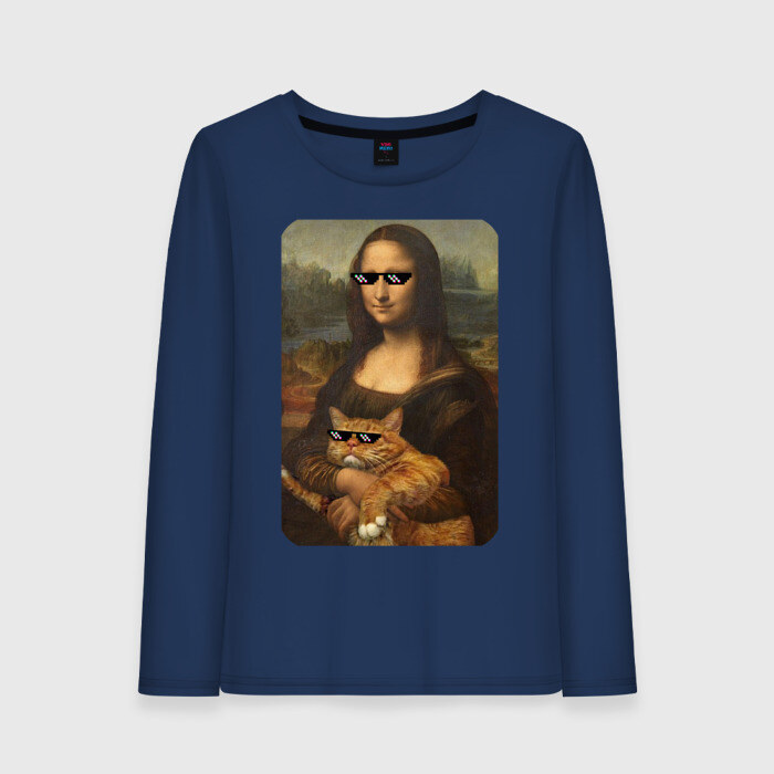 Женский лонгслив хлопок Моно Лиза с котом в очках фото