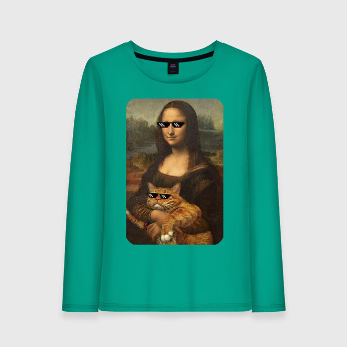 Женский лонгслив хлопок Моно Лиза с котом в очках фото