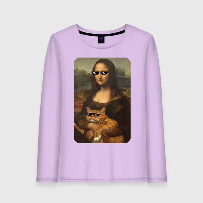 Женский лонгслив хлопок Моно Лиза с котом в очках фото