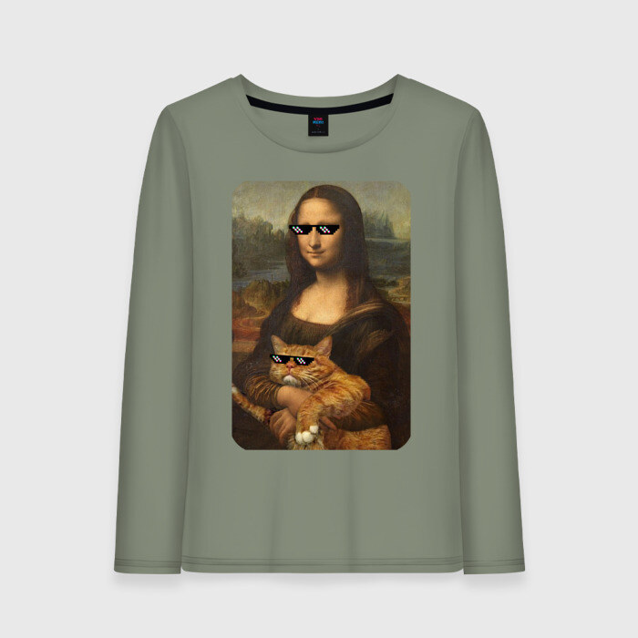 Женский лонгслив хлопок Моно Лиза с котом в очках фото