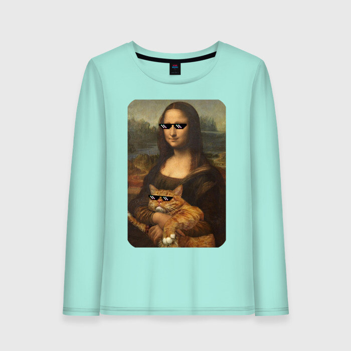 Женский лонгслив хлопок Моно Лиза с котом в очках фото