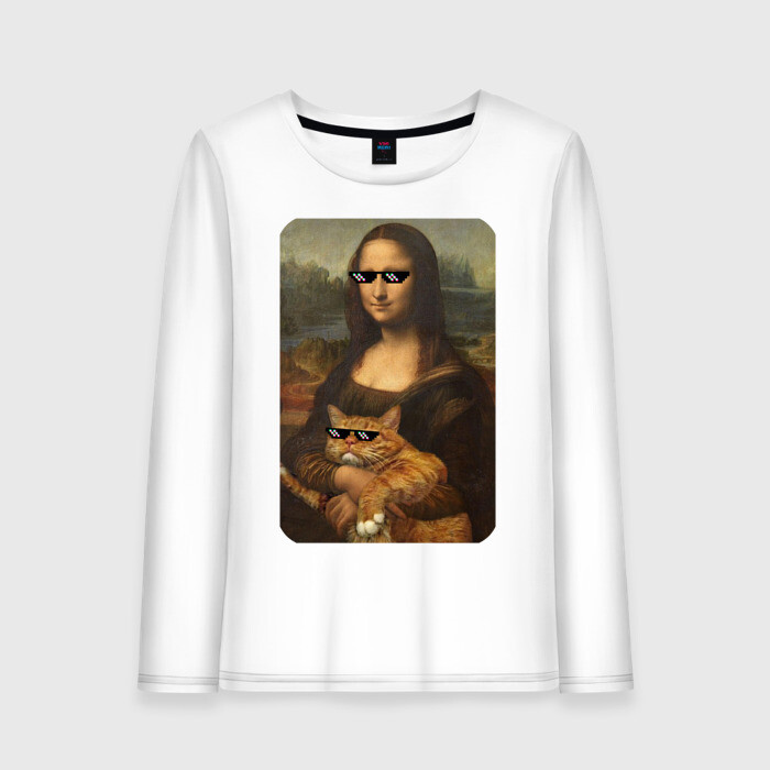 Женский лонгслив хлопок Моно Лиза с котом в очках фото