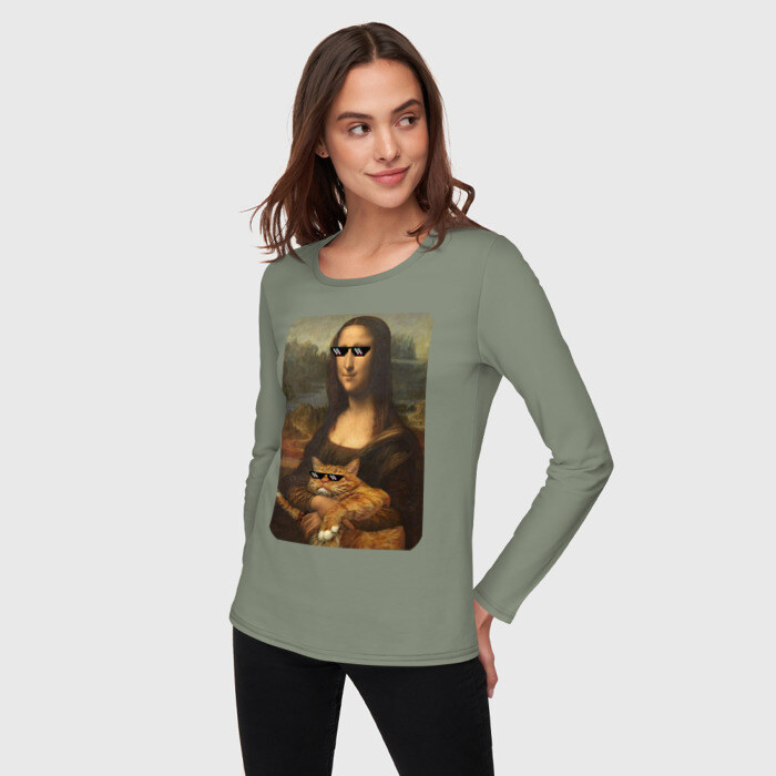 Женский лонгслив хлопок Моно Лиза с котом в очках фото