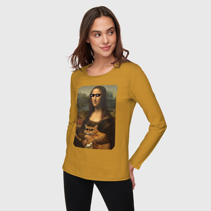 Женский лонгслив хлопок Моно Лиза с котом в очках фото