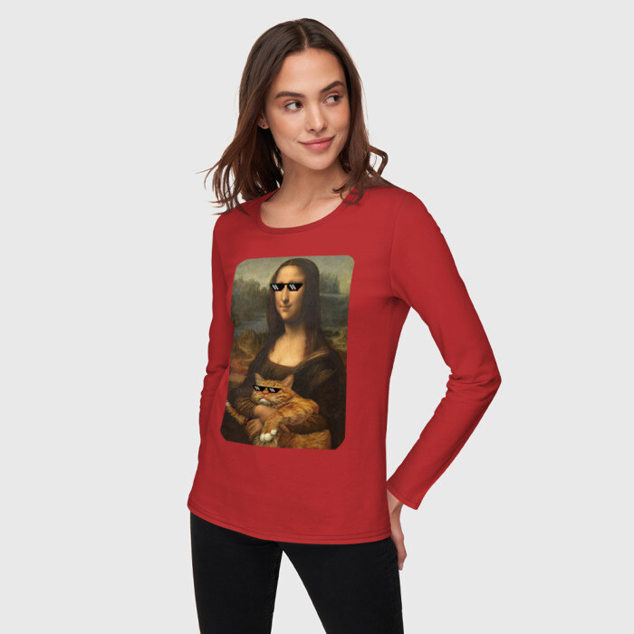 Женский лонгслив хлопок Моно Лиза с котом в очках фото