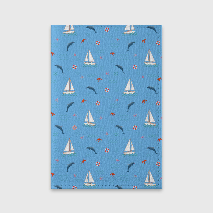 Обложка для паспорта матовая кожа Море, дельфины, парусник фото