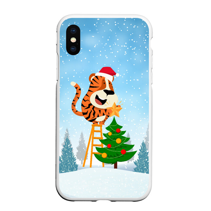 Чехол для iPhone XS Max матовый Тигр украшает новогоднюю елку фото