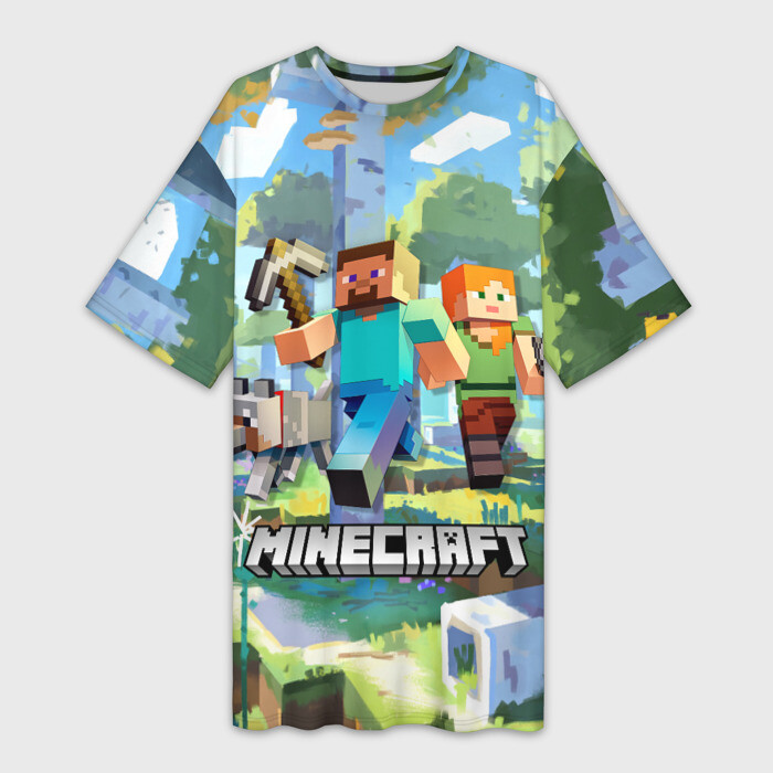 Платье-футболка 3D Манйкрафт, березовый лес фото