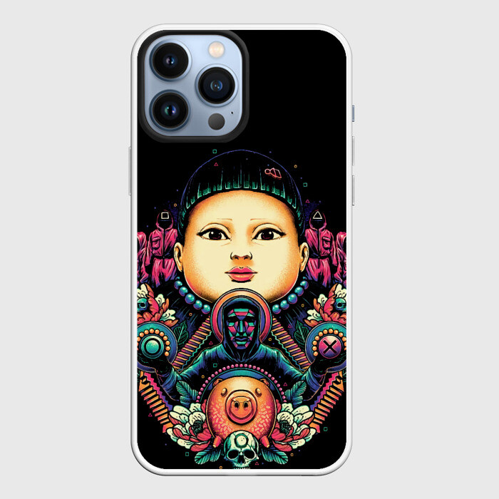 Чехол для iPhone 13 Pro Max Игра в кальмара Кукла маски черепа фото