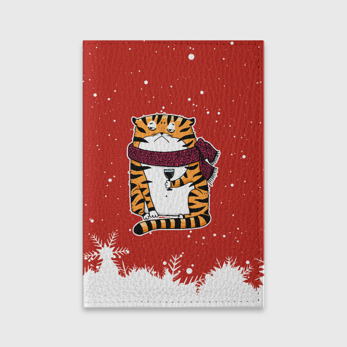 Обложка для паспорта матовая кожа грустный тигр с бокалом вина фото