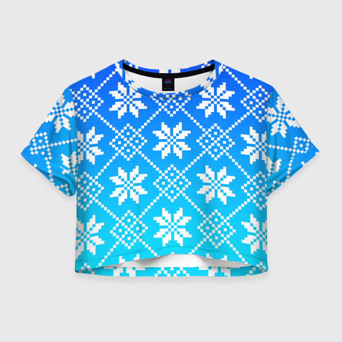 Женская футболка Crop-top 3D ЗИМНИЙ НОВОГОДНИЙ УЗОР СВИТЕР фото