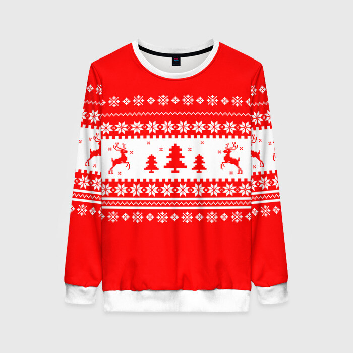 Женский свитшот 3D КРАСНО-БЕЛЫЙ СВИТЕР С ОЛЕНЯМИ фото