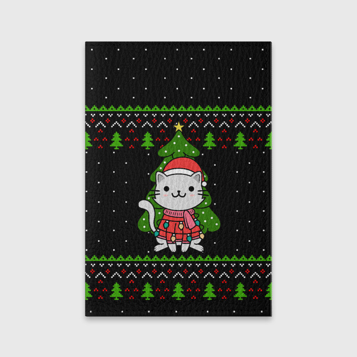 Обложка для паспорта матовая кожа КОТЁНОК И ЁЛОЧКА | НОВОГОДНЯЯ фото