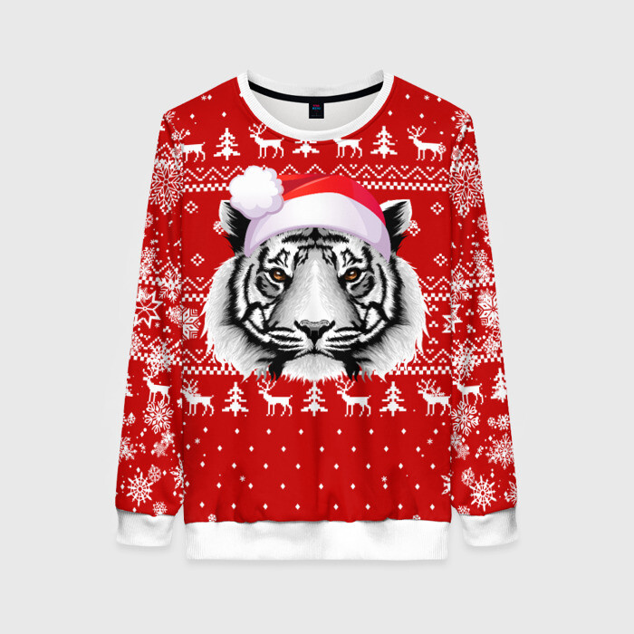Женский свитшот 3D НОВОГОДНИЙ СВИТЕР С БЕЛЫМ ТИГРОМ 2022 фото