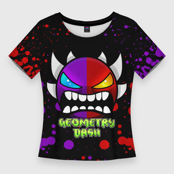 Женская футболка 3D Slim GEOMETRY DASH DEMONS LEVELS, БРЫЗГИ КРАСОК фото