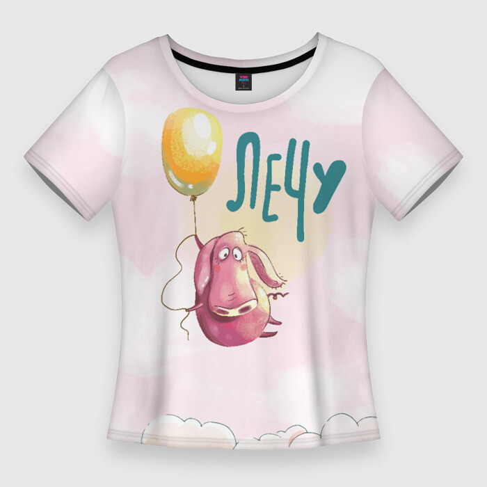 Женская футболка 3D Slim Поросенок летит на шарике фото