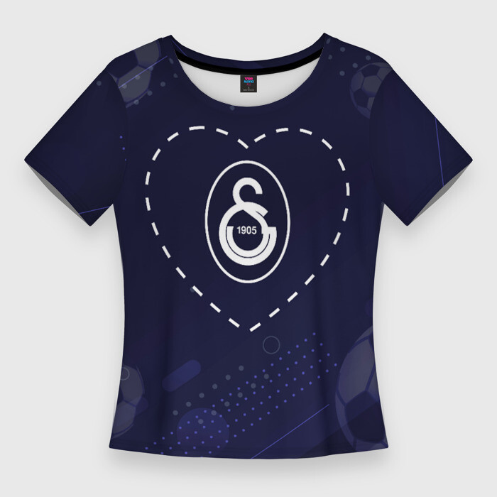 Женская футболка 3D Slim Лого Galatasaray в сердечке на фоне мячей фото