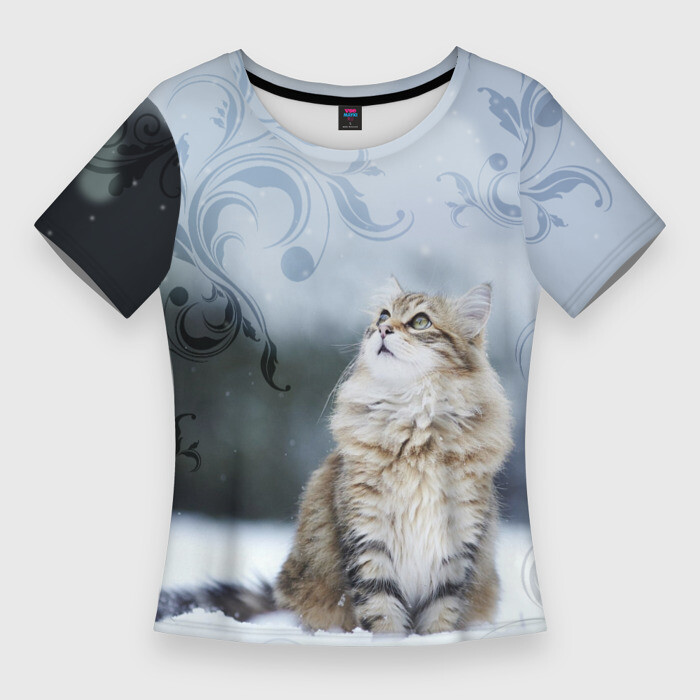 Женская футболка 3D Slim Сибирская кошка смотрит наверх фото